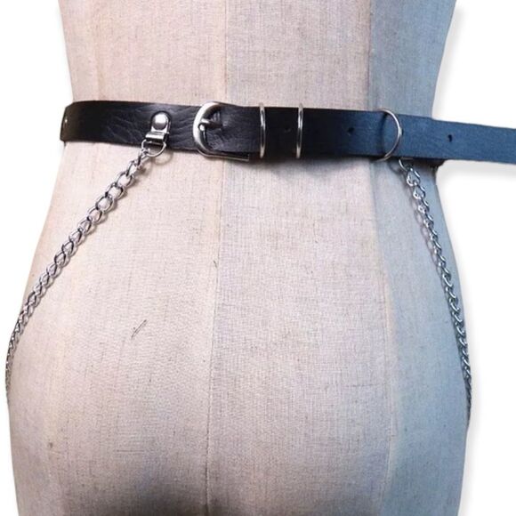 Black Leather Silver Metal  O-Rings Chains Fringe Belt NEW - Picture 4 of 5